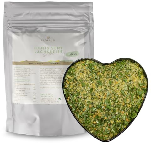 Royal Spice Lachsbeize Honig Senf 140g - Lachs Beize Trockenmarinade für 2kg Fisch - Aromatische Honignote mit knackigem Senf - Einfache Anwendung & Perfekte Ergebnisse auch ohne Räuchern