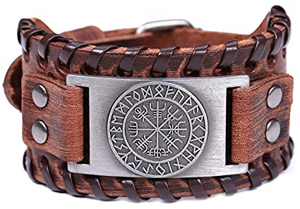 HAQUIL Viking Runes Vegvisir Leather Cuff Bracelet, Norse Jewelry Gift