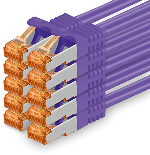 1aTTack.de Cable de red Cat 7, 3,0 m, color morado, 10 unidades Gigabit Ethernet LAN, 10000 Mbits, cable de conexión Cat7, cable S FTP PIMF, apantallamiento LSZH Cat.7, cable bruto RJ45, Cat 6a, 10 x