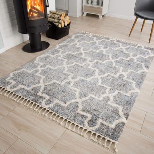TAPISO Versay Teppich Grau Creme Fransen Shaggy Modern Hochflor Geometrisch Marokkanisch Gitter Langflor Wohnzimmer Schlafzimmer ÖKOTEX 200 x 300 cm