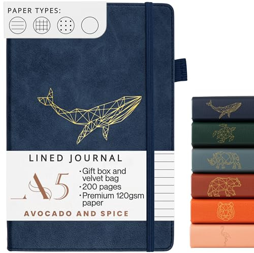 Avocado & Spice A5 Liniert Notizbuch, Reisetagebuch, Notizblock, Journal, A5 Hardcover Tagesplaner mit Geschenkbox & Samtbeutel - mit Lesezeichen, Gummiband, Stifthalter, 200 Seiten, (Blau)
