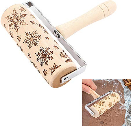 Mattarello natalizio in rilievo, mattarello in legno, con incisione in rilievo, con motivo natalizio a fiocchi di neve, mattarello per cuocere biscotti natalizi