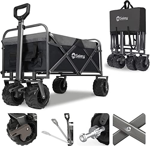 Sekey Folding Festival Trolley with Wide All-Terrain Wheels, 440LB Large Load Capacity, Heavy-Duty Camping Wagon with Brake, Sturdy Beach Garden Cart, Adjustable Handles & Drink Holders, Black & Grey