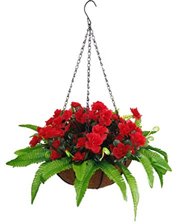 Haus und Hof Urlaub Hübsche Seide Künstlicher Grüner Farn Persisches Gras Und Künstliche Rote Azaleen Blume DIY Kette Hängender Korb Weihnachtsdekoration (Small Baske)