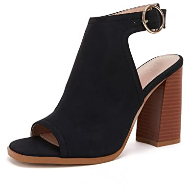 Ermonn Women‘s Cutout Peep Toe Stacked Heeled Sandals Ankle Strap Buckle Booties