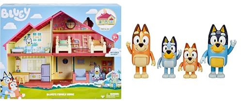 Bluey Stort Lekhus Lekset 4 rum Lekhus & Bluey and Family: Bingo, Bandit and Chilli 4 Figure pack Articulated Character Action Figures 2.5 inches Official Collectable Toy