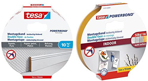 tesa Montageband Tapete&Putz, 10 kg Haltekraft pro Meter - 5 m x 19 mm & Powerbond INDOOR - Doppelseitiges Montageband für den Innenbereich - beidseitig stark klebend - 5 m x 19mm