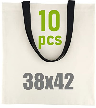 LEVIATAN 10 Stück | Schwere Baumwolltasche Jutebeutel mit Zwei Langen Henkeln 38x42cm 140g/m2 Einkaufstasche | Tragetasche | schwarze verstärkte Griffe | Öko-Tex 100 Standard Zertifiziert