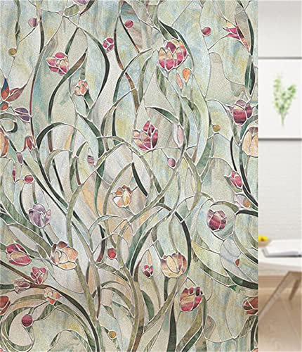 3D Fensterfolie-kein Kleber,statisch, dekorative Sichtschutzfolie,Vintage Blume,Blickdicht Milchglas Fensterfolien Selbstklebend,Für Zuhause Badzimmer Büro(44.5cmx200cm)