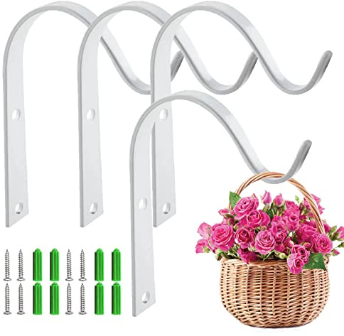Puedno Hanging Basket Bracket, 4PCS Metal Hanging Basket Brackets Hooks Hanging Bracket Hooks for Garden Lawn Light Flower Pots Bird Feeders Plants Lanterns Wind Chimes White