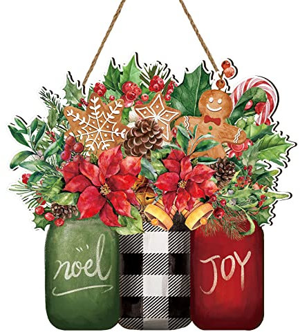 Whaline Weihnachten Holz Hängeschild Xmas Floral Willkommen Türschild Weihnachten Noel Joy Mason Jar Holz Türhänger für Weihnachten Neujahr Bauernhaus Home Office Fensterdekoration