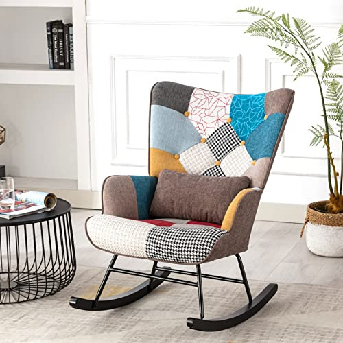Schaukelstuhl Patchwork Sessel mit Metallgestell und Holzsockel Schwingsessel Relaxstuhl Retro Sessel Wohnzimmer Polstersessel Skandinavischer Schaukelsessel für Schlafzimmer Kinderzimmer Braun