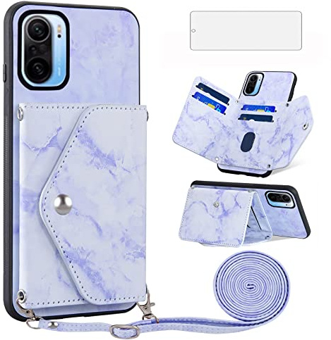 Asuwish Funda para Xiaomi Poco F3/Mi 11i 5G con Cuerda y Cristal Protector de Pantalla Tarjetero Plegable Cadena Cuero Monedero Mi11i/11X Pro/Redmi K40 Plus Carcasa Case Azul