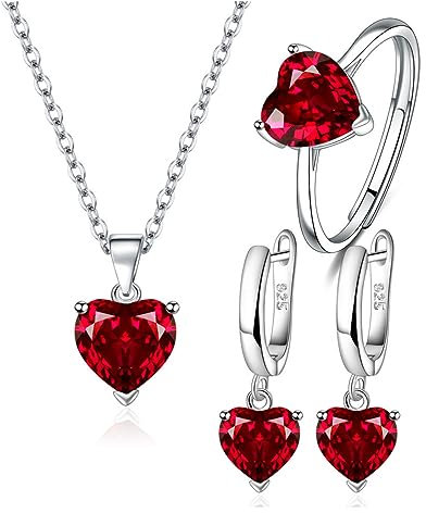 TOEECY Herz Schmuckset für Damen und Mädchen Kristalle 925 Silber Versilbert Anhänger Halskette Ohrringe Ringe Set Zirkonia Geschenk für Hochzeitstag(Rot)