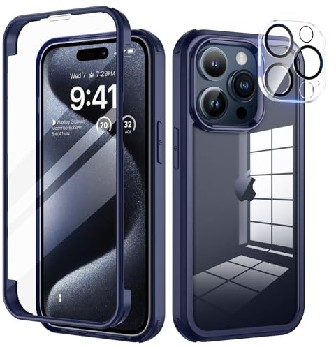 seacosmo für iPhone 15 Pro Hülle mit eingebautem Panzerglas Displayschutz und Kamera Schutzfolie [9H HD], 360 Grad Handyhülle Ganzkörper Stoßfeste iPhone 15 Pro Case - Blau