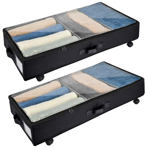 Xtsuen 2 Stück Unterbett Aufbewahrung, Unterbettkommode mit Rollen 360° Drehung and Metallrahmen, Faltbare Großes Fassungsvermögen Vliesstoffe Aufbewahrungstasche für Kleidung, Schuhe（Schwarze）