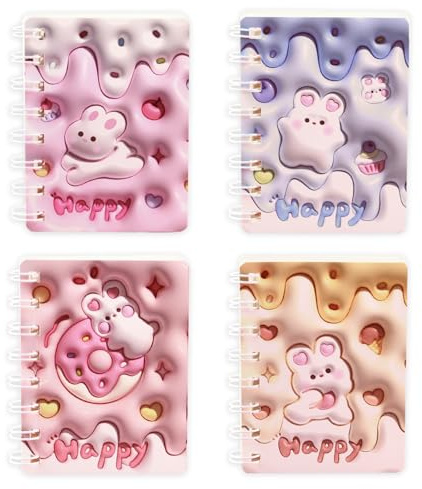 Valicaer A7 Spirale Notizblock, 4 Stück Klein Notizbuch 80 Blatt Notizheft Tragbare Pocket Memo Pads Niedlichen Cartoon Mini Notizbuch für Memos Unterwegs Lernen Schulsachen (Kaninchen Blanko Innen)