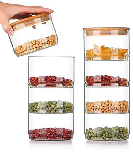 Rindow Stackable Glass Storage Jars,4 Tier Clear Glass Storage Canisters with Lids Kitchen Storage Jars Food Storage Canisters Glass Jars for Tea Coffee Sugar Cereal Pices Snacks (Round 4 Tier)