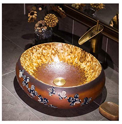 Mobile da toeletta con lavabo, lavabo da Bagno, lavabo da appoggio, Ciotola per lavabo con Motivo Floreale a Farfalla, Color Marrone Vintage, 19 x 15 Pollici