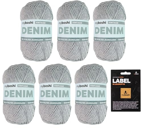 myboshi Denim, veganes Jeansgarn, recycelte Baumwolle zum Häkeln und Stricken, 50% recyceltes Denim, 50% Baumwolle (Bio), myboshi Label, 50g, Ll 135m Hellblau (Vintage) 6 Knäuel