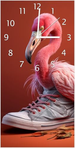 Wallario Design-Wanduhr Flamingo im Sneaker aus Glas, Motiv-Uhr Größe 30 x 60 cm, weiße Zeiger
