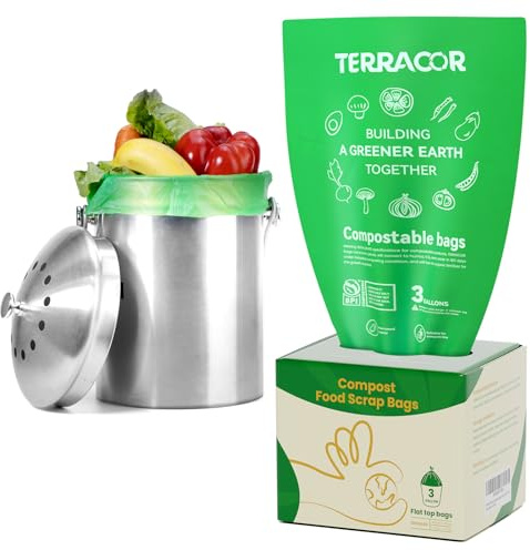 TERRACOR 3 Gallon Compostable Food Scrap Bags, 100 Bags Compost Bags for Countertop Bin, BPI Certified and Meet The ASTM D6400 Standard