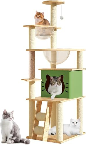 Mdpetpops Cat Tree,145cm Cat Tree For Indoor Cats - Multi-Level Condo with 2 Bowls,1 House,2 Perches,1 Ladder,1 Pompoms,Bearing weight 15kg（Green N3）