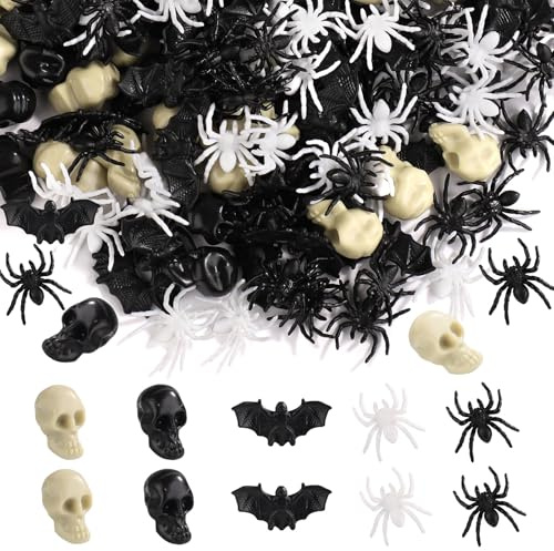lasuroa 200pcs Décorations Halloween Chauves-Souris Araignées, 3D Décorations d'halloween en Forme de Crâne en Plastique Miniatures Noires et Blanches pour l'Intérieur de la Chambre Maison Fête