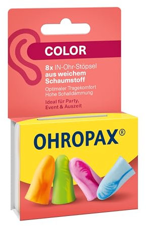 OHROPAX Tappi auricolari color – Tappi auricolari in morbida schiuma – particolarmente comodi anche a lungo – valore di isolamento acustico SNR 35 dB – ideali per feste, eventi e pausa – 8 pezzi
