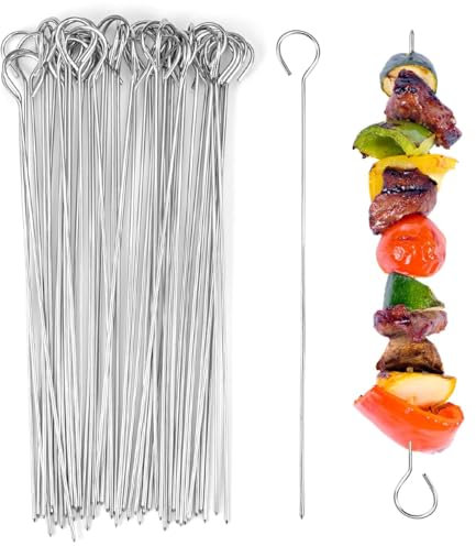 Kebab 50 Pieces Stainless Steel Skewers, 20cm Reusable Shish Kabob, Long BBQ Barbecue, Air Fryer, Metal for Meat, Vegetables, Fruits