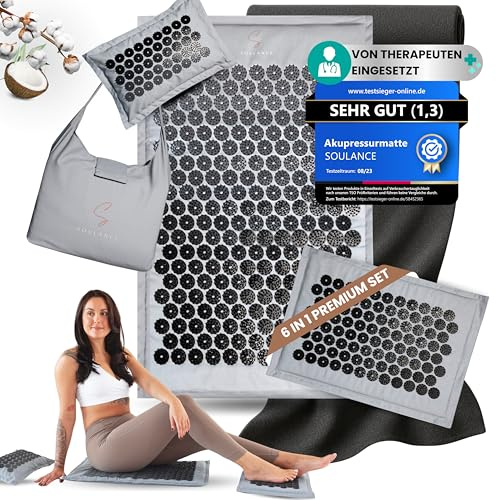 SOULANCE Akupressurmatte gegen Rückenschmerzen, Akkupressmatte,Massagematte | 6 in 1 Set, Akupunktur Matte,Kokosfaserfüllung,Massagematte,Akupressurmatte Set mit Kissen,Ganzkörper,Fakirmatte,Stachelmatte