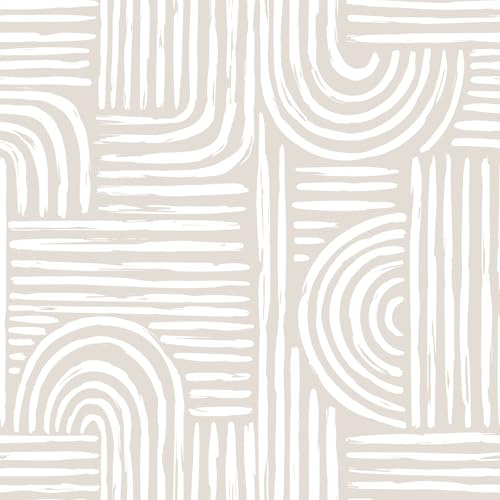VEELIKE Beige Geometrische Tapete Modern Selbstklebende Tapete Geometrische Bogen Abstrakte Mustertapete Beige Tapeten Wohnzimmer Muster Möbelfolie Schlafzimmer Flur Wand Dekoration 44.5 cm × 300 cm