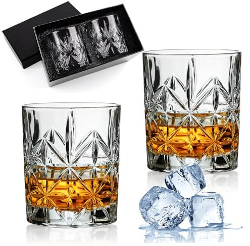 Shyllin Juego de 2 Vasos de Whisky, Vasos Whisky Cristal 330 Ml, Vasos Chupito Cristal con Caja de Regalo Negra de Lujo - Regalo para Hombres, Adecuado para Bourbon, Ron, Vino Tinto (Helada 330ml)