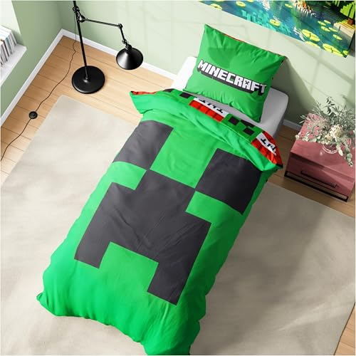 Get Trend Minecraft Ropa de Cama Infantil 135x200 cm, Juego de Cama Reversible para Niños y Adolescentes, Funda Nórdica con Creeper y Funda de Almohada, Gamer Regalos (Verde Minecraft, Individual)