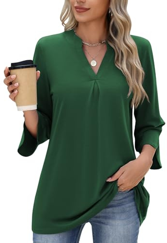PASUDA Camicia Donna Elegante Camicetta 3/4 Manica Lunga Blusa Casual Maniche Lunghe Magliette Scollo a V Camicette da Lavoro Longue Tunica Moda Strisce Solido Tops Leggero Shirts(Verde Scuro,L)