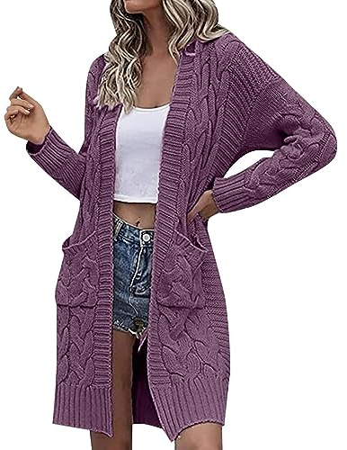 Cardigan casual a maniche lunghe con tasca, cardigan da donna, a maglia grossa, larga, aperto, lungo, oversize, a maniche lunghe, cardigan, per primavera, autunno, outerwear, Lilla, xxl