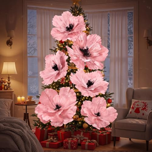 Janinka 6 Pcs Extra Large Christmas Poinsettia Magnolia Pink Flowers Decor | 22'' 12'' Velvet Artificial Flowers, Velvet Xmas Tree Decor, Xmas Artificial Poinsettia Ornaments, Xmas Tree Wreath Garland