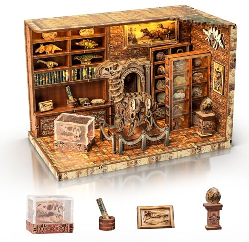 Cuteefun DIY Miniatur Haus Puppenhaus mit Licht, für Einfache Montage | Hölzernes Puppenhaus für Anfänger Geeignet, Wohndekoration, Kreative Bastelgeschenke zum Geburtstag Weihnachten (Dinosaurier)