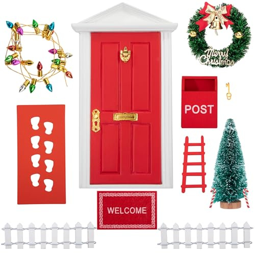 Wichteltür Zubehör Weihnachten Set, Miniatur Weihnachtswichtel Tür Rot, mit Weihnachtsbaum, Briefkästen, Zäun, Leiter, Kranz, Weihnachtsdeko DIY Feentür für Kinder Geschenke