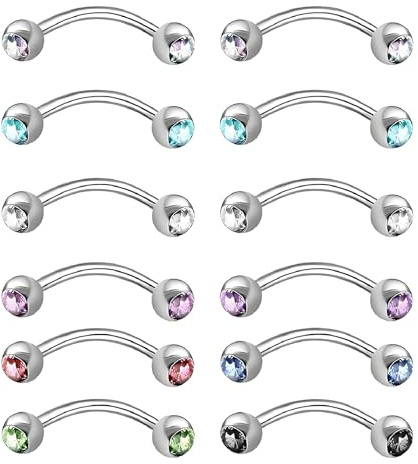 12pcs Nipple Bars Curved Barbell Piercing, Eyebrow Nipple Piercing Jewellery With Gem Balls, Stainless Vertical Labret Lip Bars, Tongue Bar Ideal For Women Men’S Ear Cartilage Styling