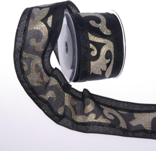 Dekoband mit Ranken und Glitzer-Punkten - Schleifenband Weihnachten schwarz - Glitzerband - breites Geschenkband - Zierband - 65mm Breite, 10m Länge - 93202 (Schwarz)