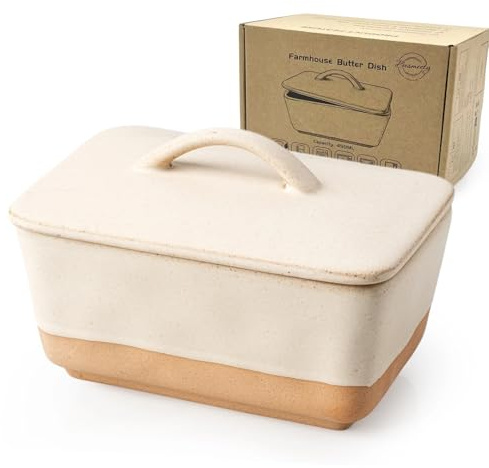 Besmeety Burriera in ceramica con coperchio per piano di lavoro, porta burro europeo da 250 g, decorazione vintage per fattoria (colore formaggio)