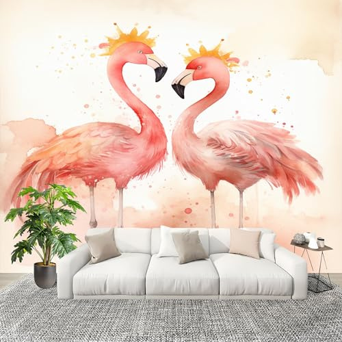 Animali Acquerello Fenicotteri Carta da Parati Fotografica Panorama Effetto 350x256 cm Rosa Decorazione da Parete per Camera da Letto e Soggiorno Parete Fotografica in Tessuto non Tessuto