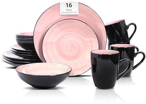 HomeVSS, Sonoma Stoneware 16pc Dinnerware Set, Outside Black + Inside Hand Painting Color Rose