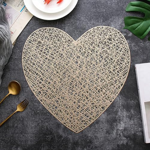 Salvamanteles de mesa dorado, juego de 10 manteles individuales con forma de corazón de PVC bajoplatos 39 x 38 cm