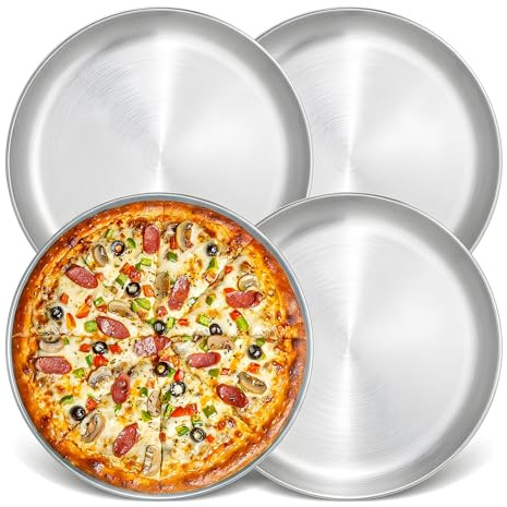 Romon Bandeja Pizza Horno, Set De 4 Bandejas Pizza Redondas 26cm De Acero Inoxidable Plata, Fácil De Limpiar, Antiadherente, Apto Para Lavavajillas, Para Hornear Pizza En El Horno