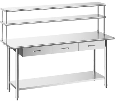 VEVOR Tavolo da Lavoro per Cucina, Tavolo per Preparazione da Cucina 1829 x 610 x 1400 mm in Acciaio Inox con 3 Cassetti Ripiani Portaoggetti, Piano Carico max 263 kg, Ristorante, Hotel, Supermercato
