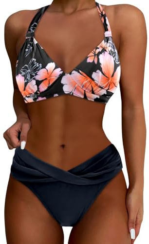 Generisch - Bikini triangolo da donna - Set push-up senza spalline - Imbottito - Scollo a V - Vita alta - Schiena incrociata - Costume da bagno a due pezzi - Costume sportivo da bagno, L