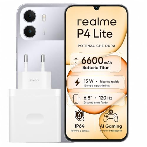 realme P4 Lite Smartphone, 4+128 GB, Batería Titan 6600mAh, Pantalla 6.8 120Hz, hasta 12GB RAM Dinámica, Protección ArmorShell, Gran Batería Carga Rápida Móvil, Gris