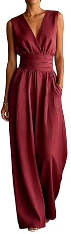Tuta Elegante Donna-Curvy V Neck Jumpsuit Boho Chic Tute da Cerimonia Vita Alta Casual Pantaloni Lunghi Fluida Maniche Lunghe Salopette Morbida Fresca Versatile Summer Outfit con Tasche (A21,M)